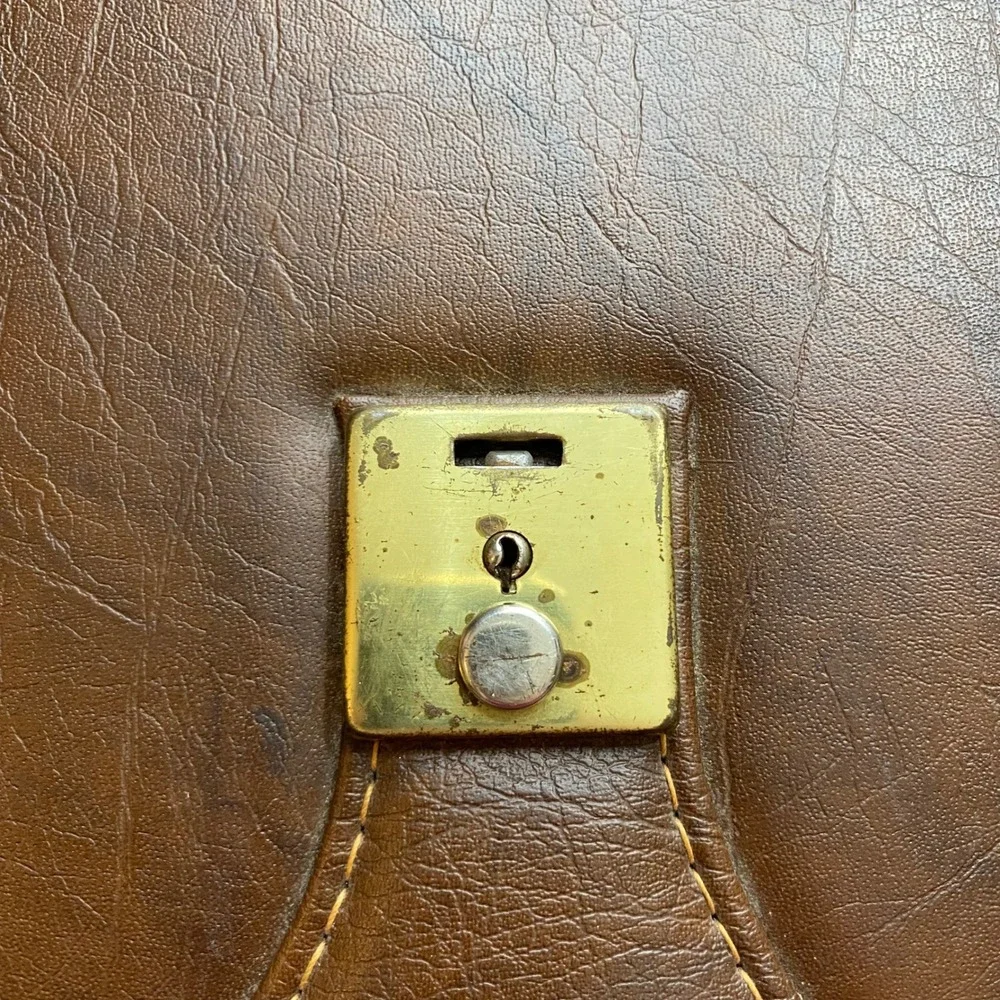 Vintage Brown Faux Leather Briefcase Camera Case Box Bag‎ Brass Hardware Retro